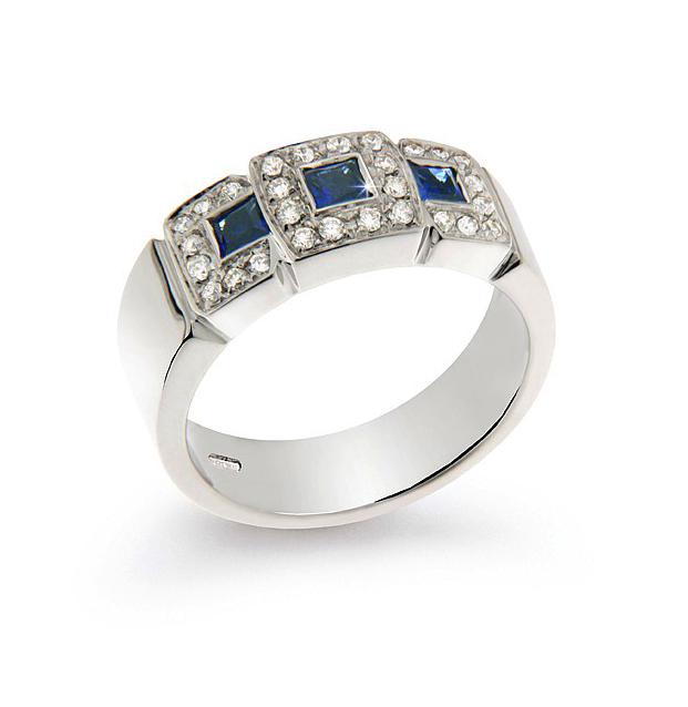 Italian Fancy 0.44 Ct Sapphire Ring 0.25 Ct Diamond 18K White Gold