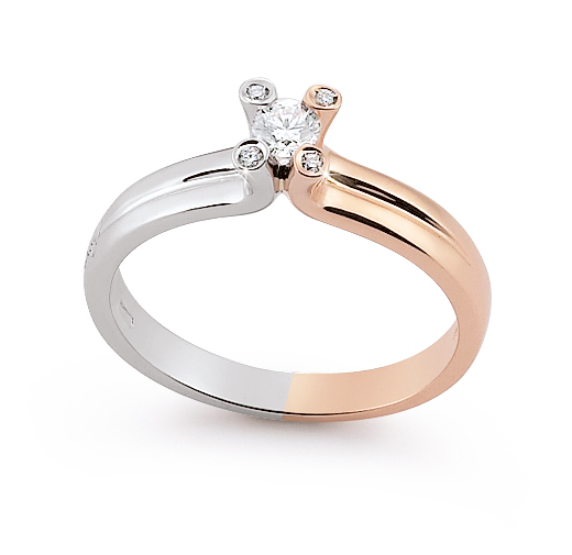 Unique Two Tone Italian Solitaire Ring 0.18 Ct Diamond 18K White And Rose Gold