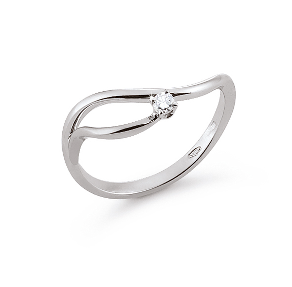 Italian Curved Solitaire Ring 0.03 Ct Diamond 18K White Gold