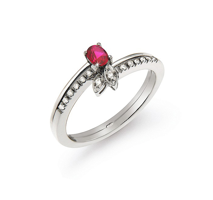 0.22 Ct Ruby Ring From Italy 0.07 Ct Diamond 18K White Gold