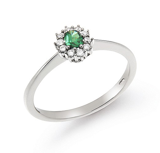 Equisite 0.26 Ct Emerald Italian Ring 0.14 Ct Diamond 18K White Gold