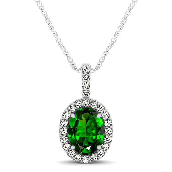 Classic Drop Halo Necklace with Oval AAA Emerald Pendant