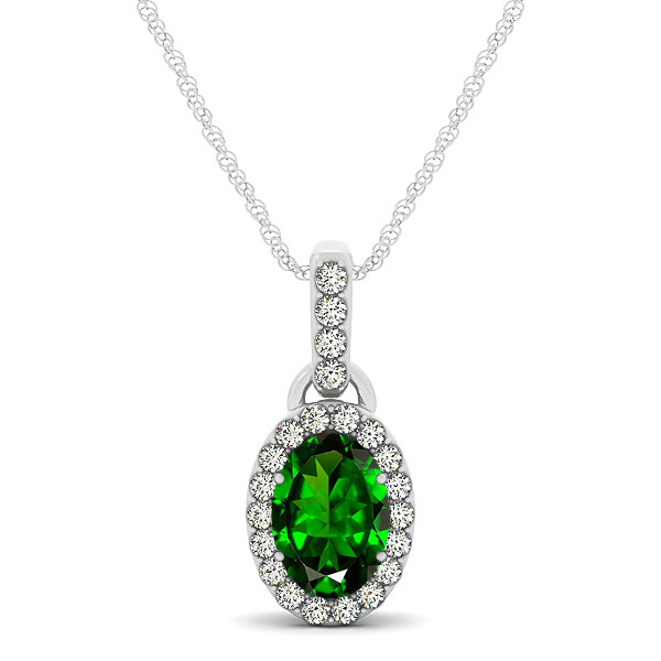 Lovely Halo Oval Emerald Necklace in Gold, Silver or Platinum