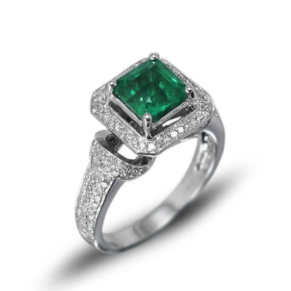 Princess 6.5mm Solid 14kt White Gold Diamond Emerald Ring G09326