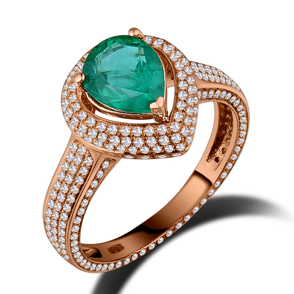 Genuine 1.27 CT Emerald Engagement Ring 18K Rose Gold 0.85CT Diamonds
