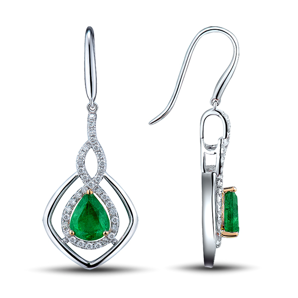 Two Tone Gold 2.93CT Pear Emerald Drop Earrings Diamond Pave