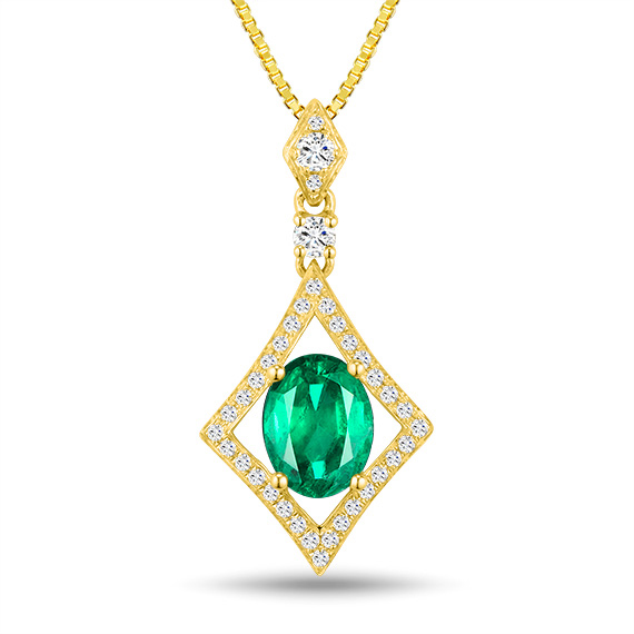Elegant 1.30 CT Oval Emerald Necklace 0.32 CT Diamonds 14K Yellow Gold