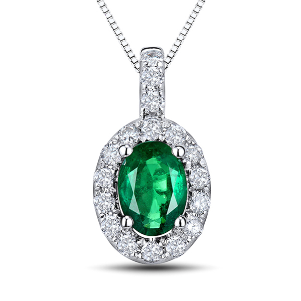 Stunning 1.06 CT Oval Cut Emerald Necklace with Brilliant Cut Diamond Pave
