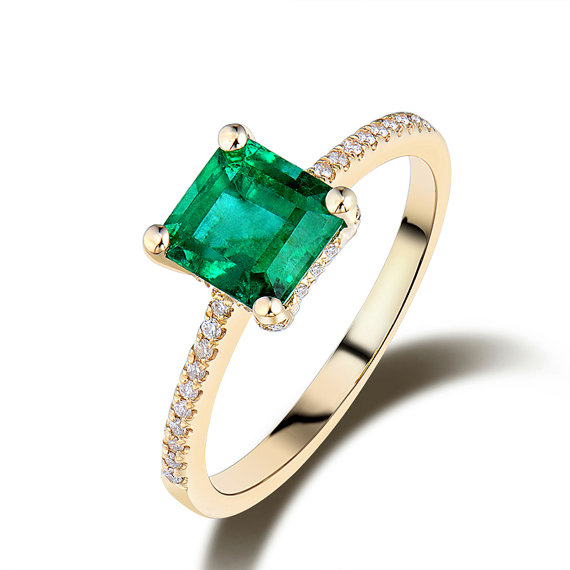 1.54 CT Princess Cut Emerald & Round Diamond Pave Engagement Ring