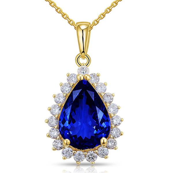 Classic 6.06 Carat Blue Tanzanite Drop Necklace Diamonds In Yellow Gold