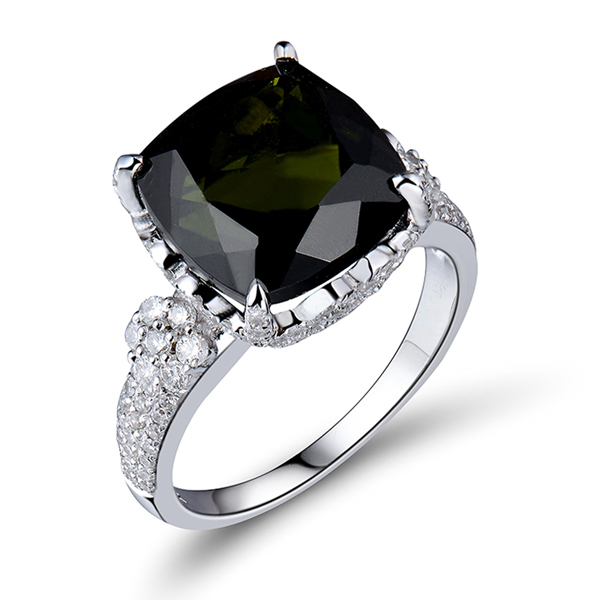 Fancy 7.30 CT Cushion Green Tourmaline Engagement Ring 0.86 CT Diamonds