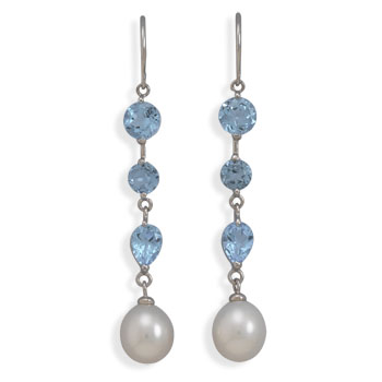 Cultured Freshwater Rice Pearl and Blue Topaz 14K White Gold French Wire Earrings