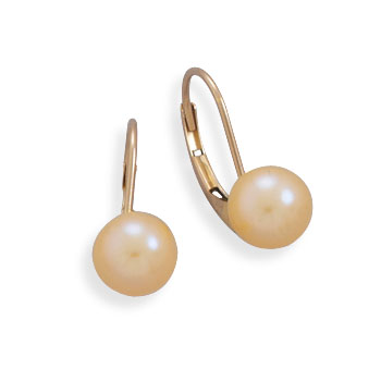6.5-7mm Peach Cultured Freshwater Pearl Earrings with Yellow Gold Lever Cup