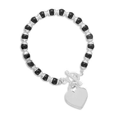 7.5" Black Onyx Toggle Bracelet with Heart Tag