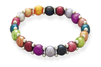 Multicolor Cultured Freshwater Pearl and Sterling Silver Bead Stretch Bracelet