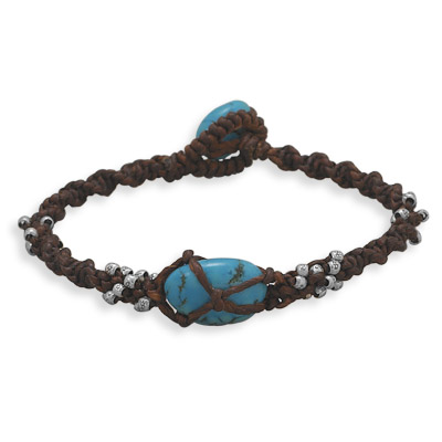 7\" Brown Cord and Turquoise Toggle Bracelet