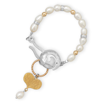 8\" Cultured Freshwater Pearl and Two Tone Bead Bracelet