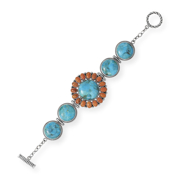 7.5\" Turquoise and Coral Sunburst Toggle Bracelet