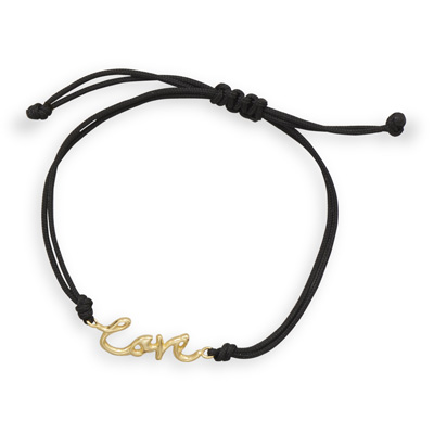 Adjustable Black Cord Bracelet with 14 Karat Gold Plated \"Love\" Charm