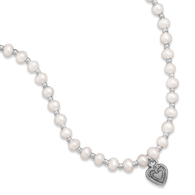 13\"+2\" Extension Cultured Freshwater Pearl/Silver Bead Necklace with Oxidized Heart