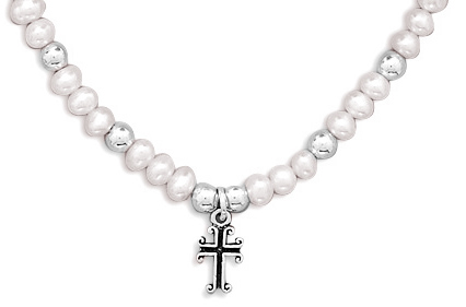 13\" +2\" Extension White Cultured Freshwater Pearl and Silver Bead Necklace with Cross Drop