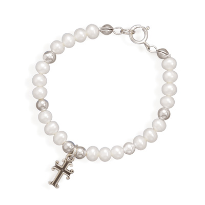 5\" White Cultured Freshwater Pearl and Silver Bead Bracelet with Cross