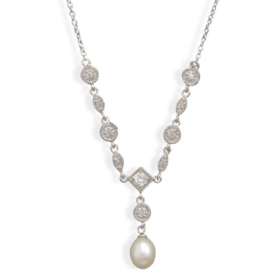 16\" Rhodium Plated Cultured Freshwater Pearl & Marquise/Round CZ Necklace