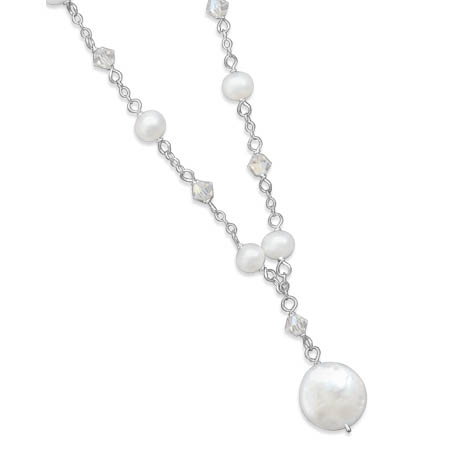 16\" + 2\" Extension White Coin Cultured Freshwater Pearl and Swarovski Crystal Necklace