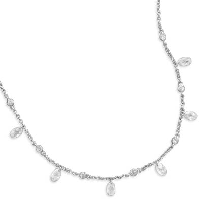 16\"+1\" Extension Rhodium Plated Bezel & Oval Faceted CZ Necklace
