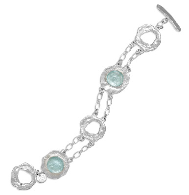 7.5" Double Strand Round Textured Silver and Roman Glass Toggle Bracelet