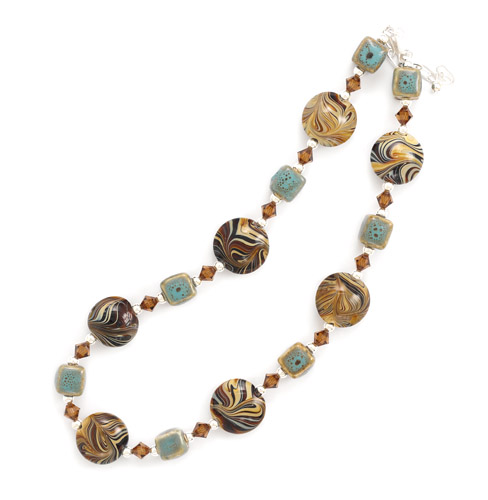16\"+2\" Extension Ceramic and Brown Swirl Design Glass Bead Necklace with Austrian Crystals