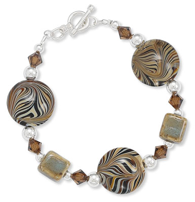 7.5\" Ceramic and Brown Swirl Glass Bead Toggle Bracelet with Austrian Crystals