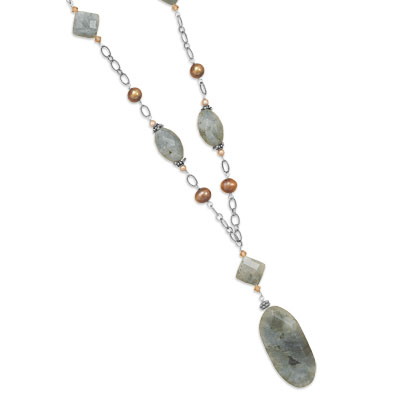 28\" Labradorite Necklace with Cultured Freshwater Pearl and Crystal