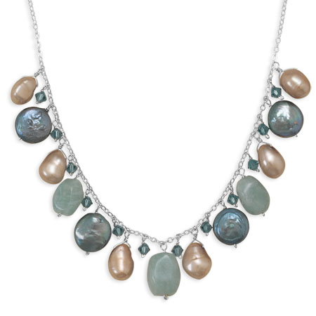 16"+1.5" Extension Amazonite Necklace with Cultured Freshwater Pearl and Crystal