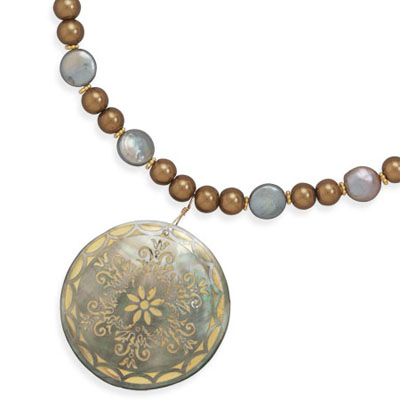 16\"+2\" Glass Pearl and Coin Pearl Necklace with Shell Pendant
