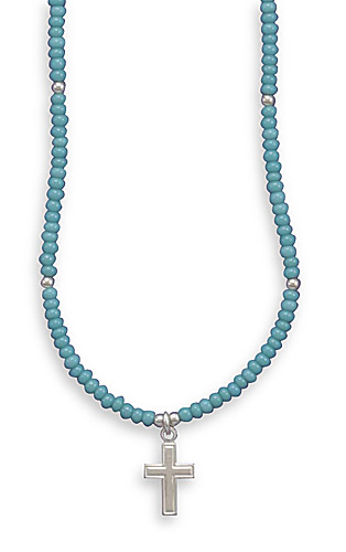 13"+2"Extension Turquoise Glass Bead Necklace with Cross Charm