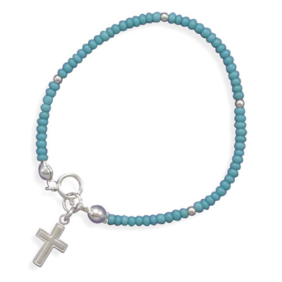 5.5\" Turquoise Glass Bead Bracelet with Cross Charm