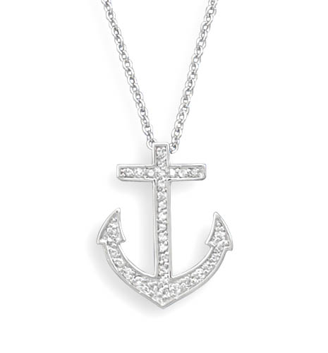18" Rhodium Plated CZ Anchor Necklace