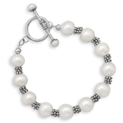 7\" White Cultured Freshwater Pearl Toggle Bracelet