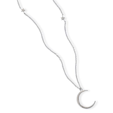 24" Rhodium Plated Moon and Stars Necklace
