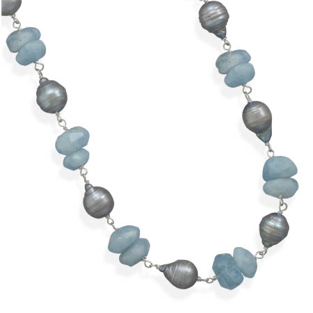 16\" + 1.5\" Baroque Pearl and Aquamarine Necklace