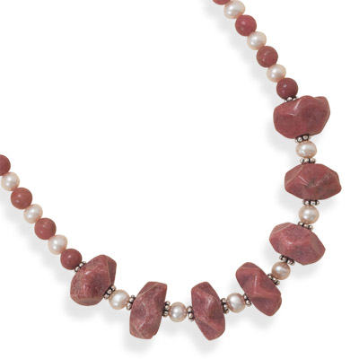 16.5\"+2\" Rhodocrosite and Cultured Freshwater Pearl Necklace