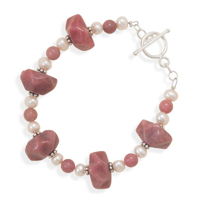 7.75\" Rhodocrosite and Cultured Freshwater Pearl Toggle Bracelet