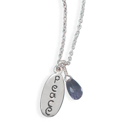18\" Peace Tag and Amethyst Bead Necklace