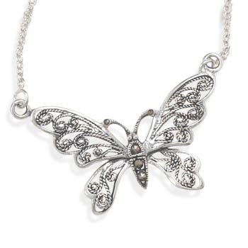 16\" Oxidized Marcasite Butterfly Necklace