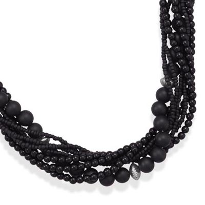 18\"+3\" Multistrand Black Onyx and Glass Bead Necklace