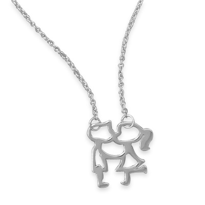 18\" Rhodium Plated Kissing Girl and Boy Necklace