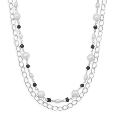 17\" Multistrand Necklace with Onyx and Cultured Freshwater Pearls