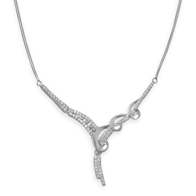 15\"+2\" Rhodium Plated Necklace with CZs and Swirl Pattern