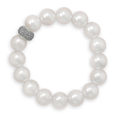 7\" White Glass Pearl and Crystal Stretch Bracelet